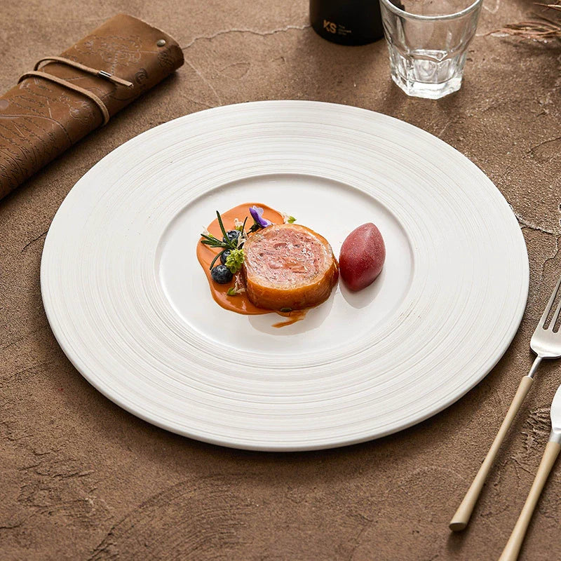 Wide-Rim Brushed Ceramic Plate – Elegant Flat Dish for Fine Dining-1