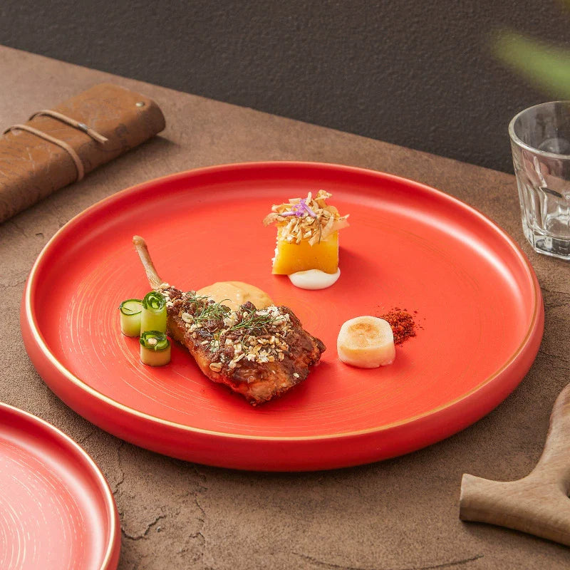 Handcrafted Matte Ceramic Plate with Raised Rim – Gold-Brushed Finish-1