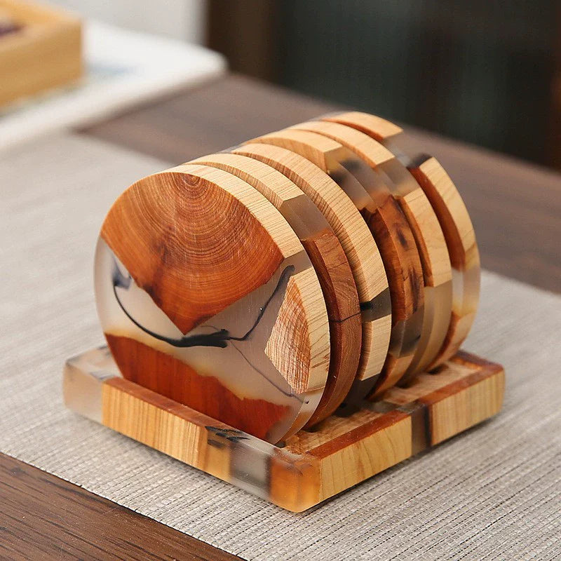 Biodegradable Pine Wood Resin Coasters with Ink Texture – 8cm Eco-Friendly Drink Mats-0