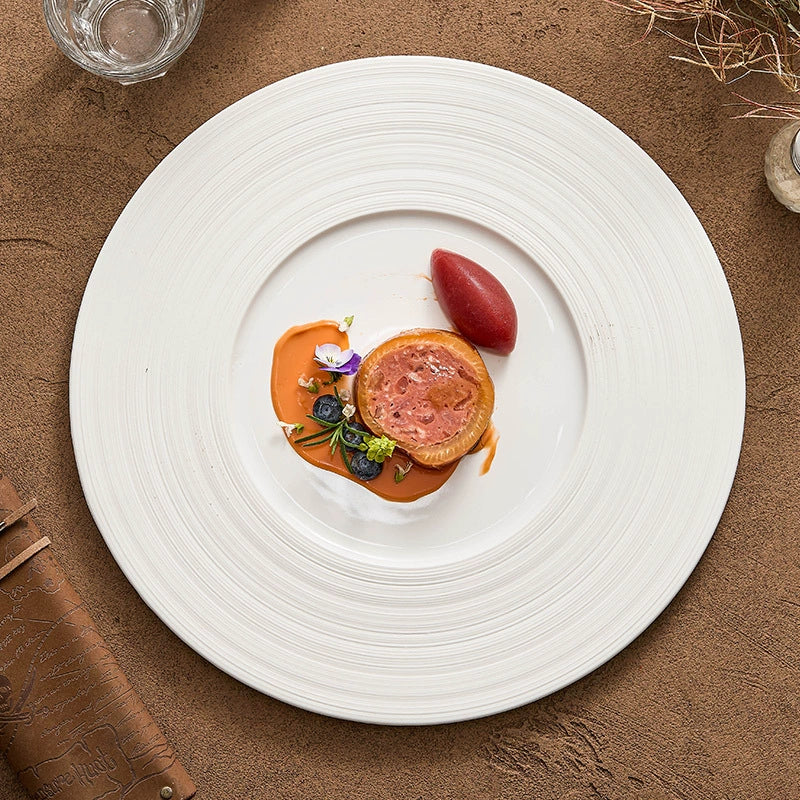 Wide-Rim Brushed Ceramic Plate – Elegant Flat Dish for Fine Dining-0